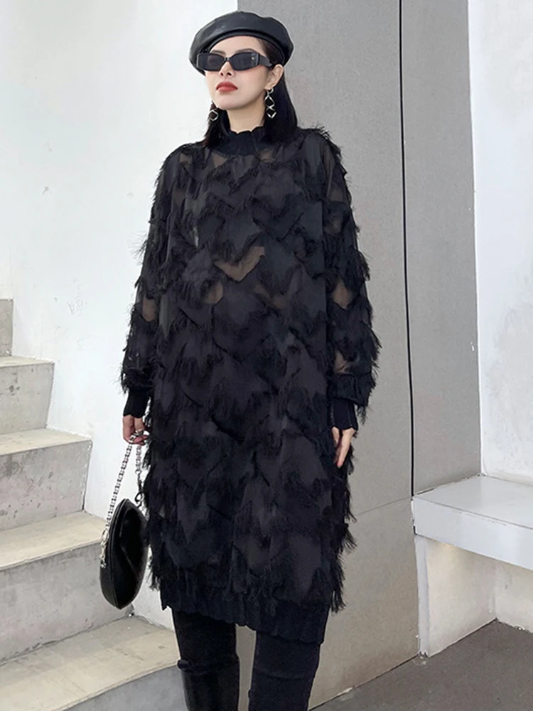 [EAM] Women Black Tassels Perspective Big Size Knee-Length Dress New Turtleneck Long Sleeve Fashion Spring Autumn 2026 1DH8741