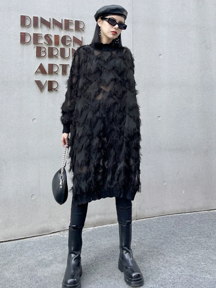 [EAM] Women Black Tassels Perspective Big Size Knee-Length Dress New Turtleneck Long Sleeve Fashion Spring Autumn 2026 1DH8741