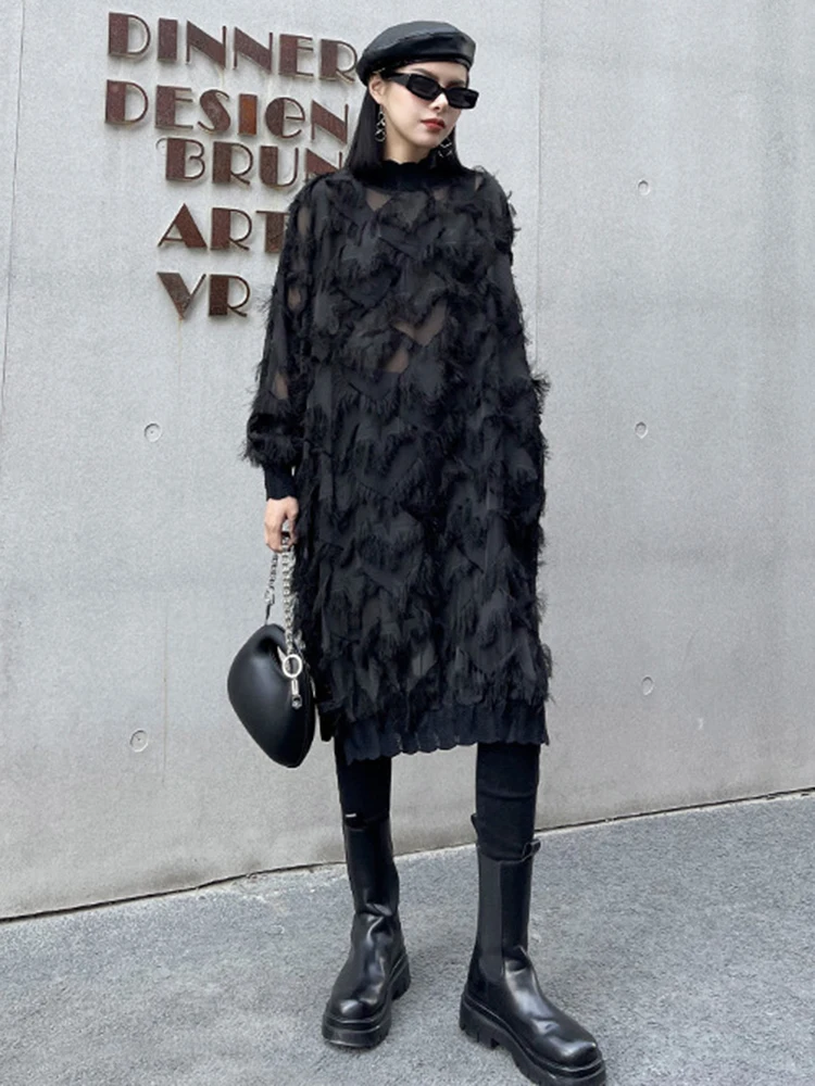 [EAM] Women Black Tassels Perspective Big Size Knee-Length Dress New Turtleneck Long Sleeve Fashion Spring Autumn 2026 1DH8741