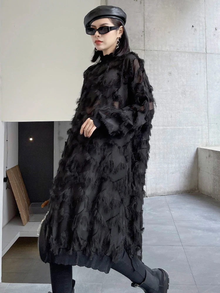 [EAM] Women Black Tassels Perspective Big Size Knee-Length Dress New Turtleneck Long Sleeve Fashion Spring Autumn 2026 1DH8741