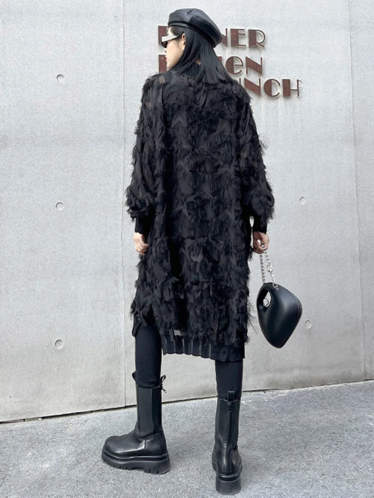 [EAM] Women Black Tassels Perspective Big Size Knee-Length Dress New Turtleneck Long Sleeve Fashion Spring Autumn 2026 1DH8741