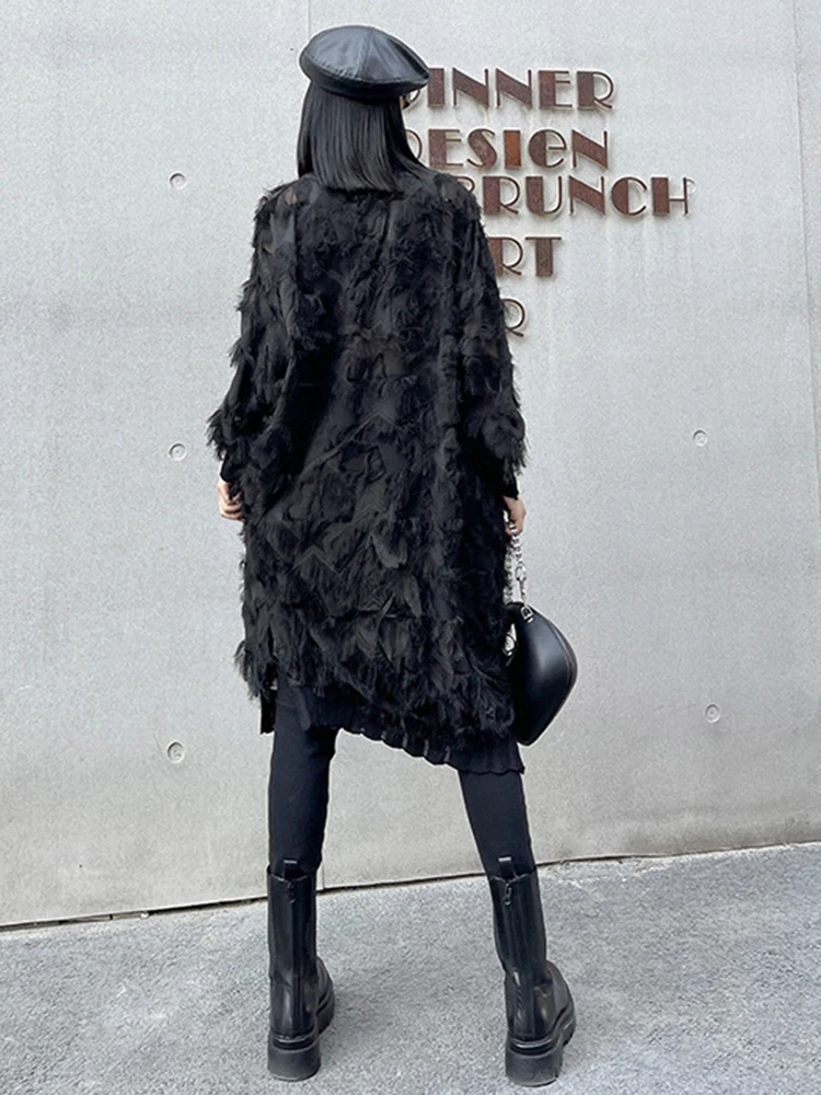 [EAM] Women Black Tassels Perspective Big Size Knee-Length Dress New Turtleneck Long Sleeve Fashion Spring Autumn 2026 1DH8741