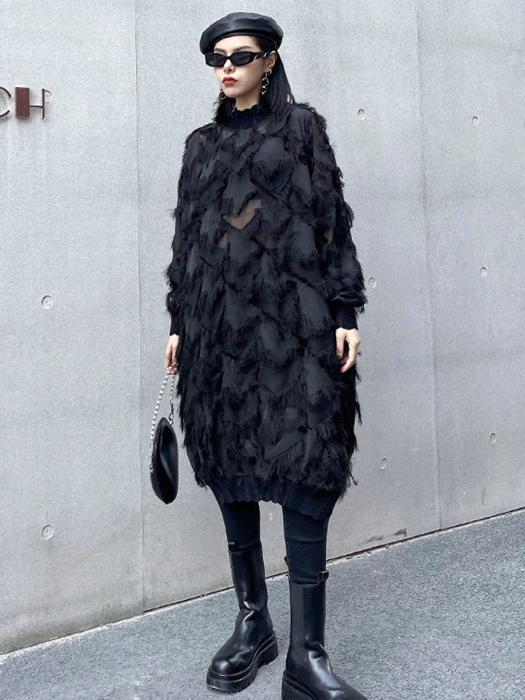 [EAM] Women Black Tassels Perspective Big Size Knee-Length Dress New Turtleneck Long Sleeve Fashion Spring Autumn 2026 1DH8741