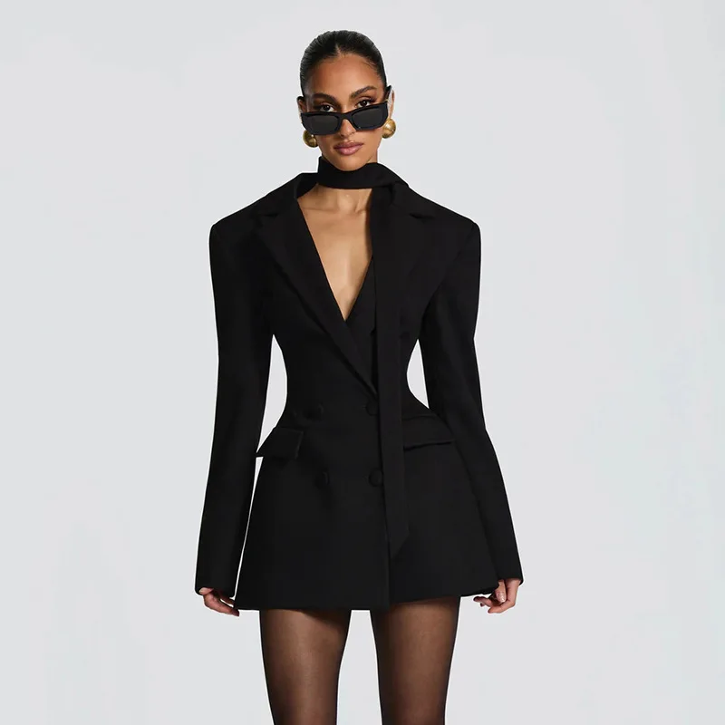 Cryptographic Elegant Fashion Blazer Dress Club Party Long Sleeve Shoulder Pads A-Line V Neck Mini Dresses Fall Winter Clothes