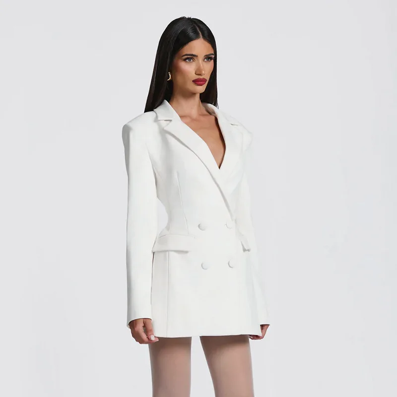 Cryptographic Elegant Fashion Blazer Dress Club Party Long Sleeve Shoulder Pads A-Line V Neck Mini Dresses Fall Winter Clothes