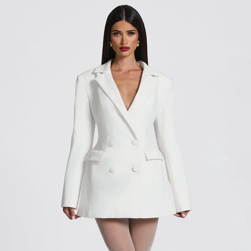 Cryptographic Elegant Fashion Blazer Dress Club Party Long Sleeve Shoulder Pads A-Line V Neck Mini Dresses Fall Winter Clothes