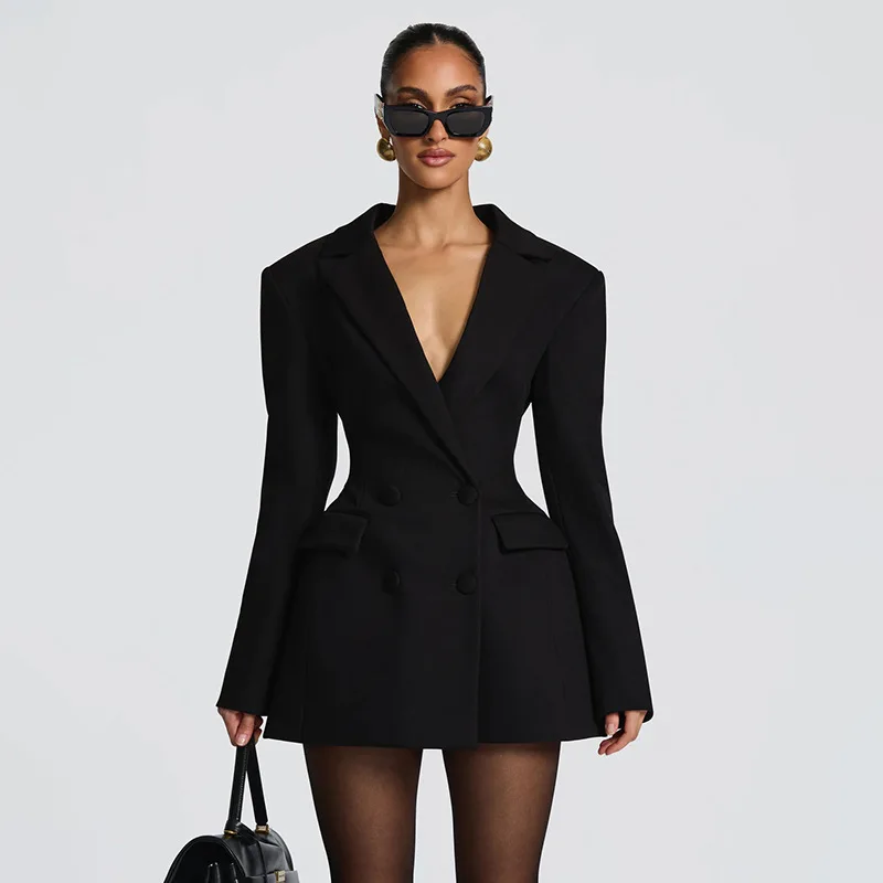 Cryptographic Elegant Fashion Blazer Dress Club Party Long Sleeve Shoulder Pads A-Line V Neck Mini Dresses Fall Winter Clothes