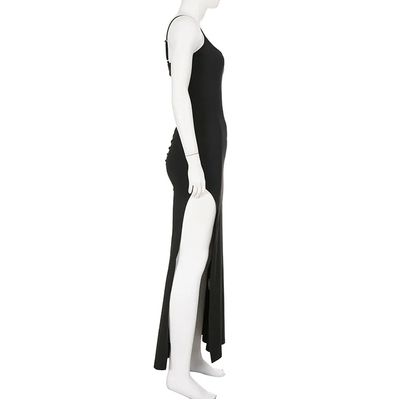 Sexy Bodycon High Slit Tank Dress Women Solid Off Shoulder Slip Dress