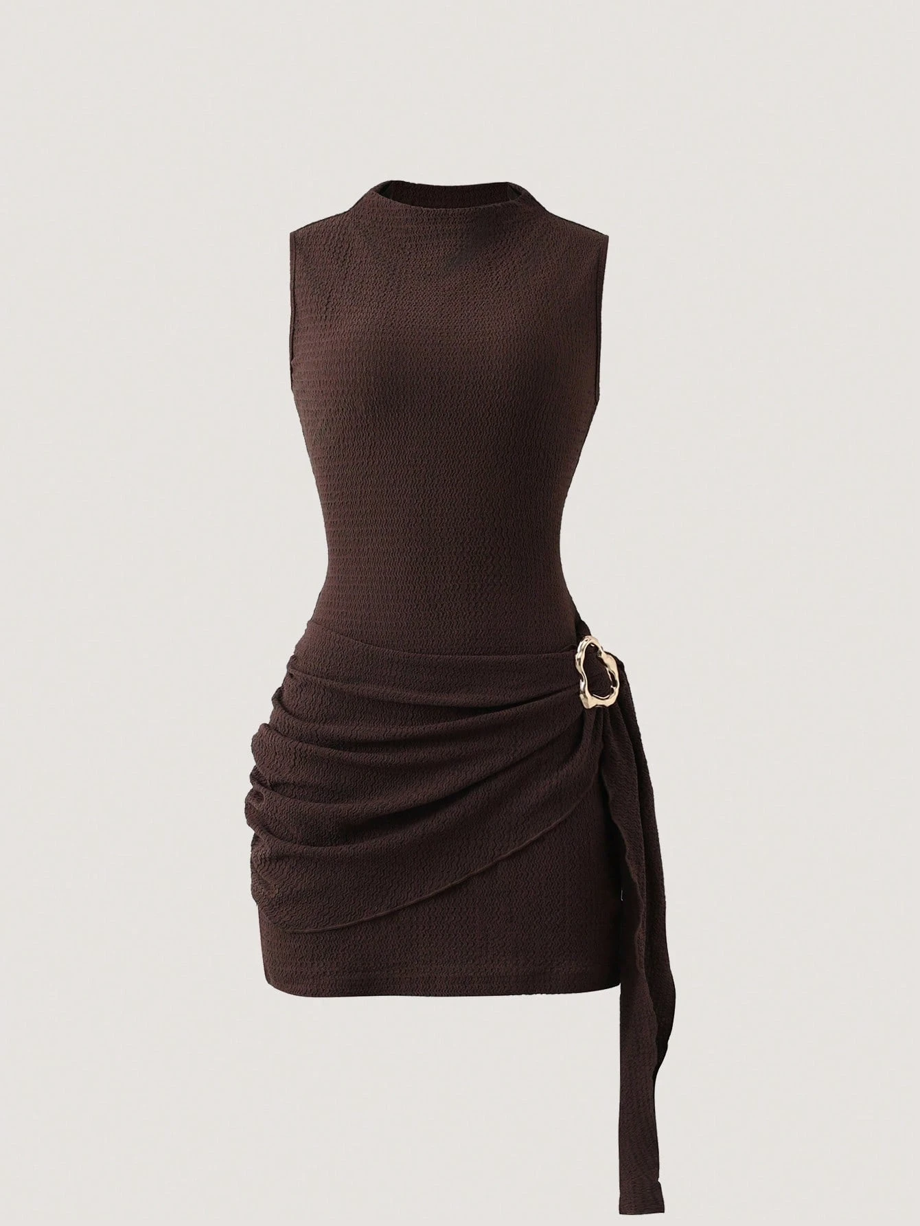 Women's Elegant Texture Fabric Pleating Waist Sice Ribbon Slim Fit Mini Dresses Casual Metal Buckle Solid Color Dress Summer