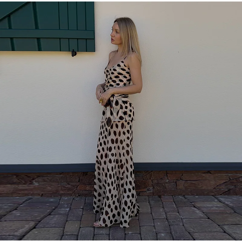 Scoop Neck Women's Dress Spaghetti Strap Polka Dot Tie Waist Removable Wrap Maxi Dress Vacation Beach 2026 New Fashion For Women