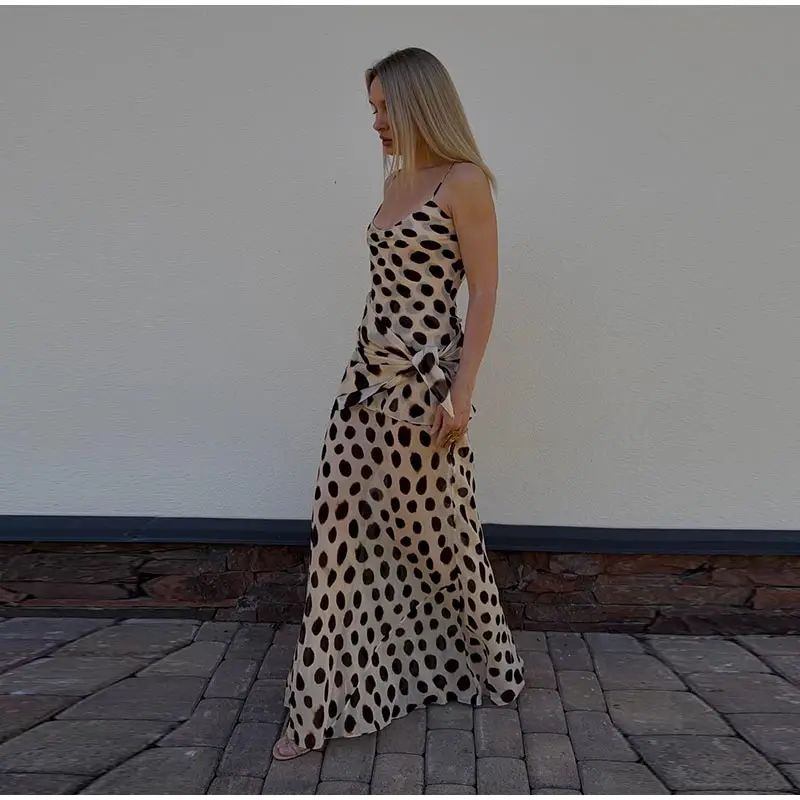 Scoop Neck Women's Dress Spaghetti Strap Polka Dot Tie Waist Removable Wrap Maxi Dress Vacation Beach 2026 New Fashion For Women