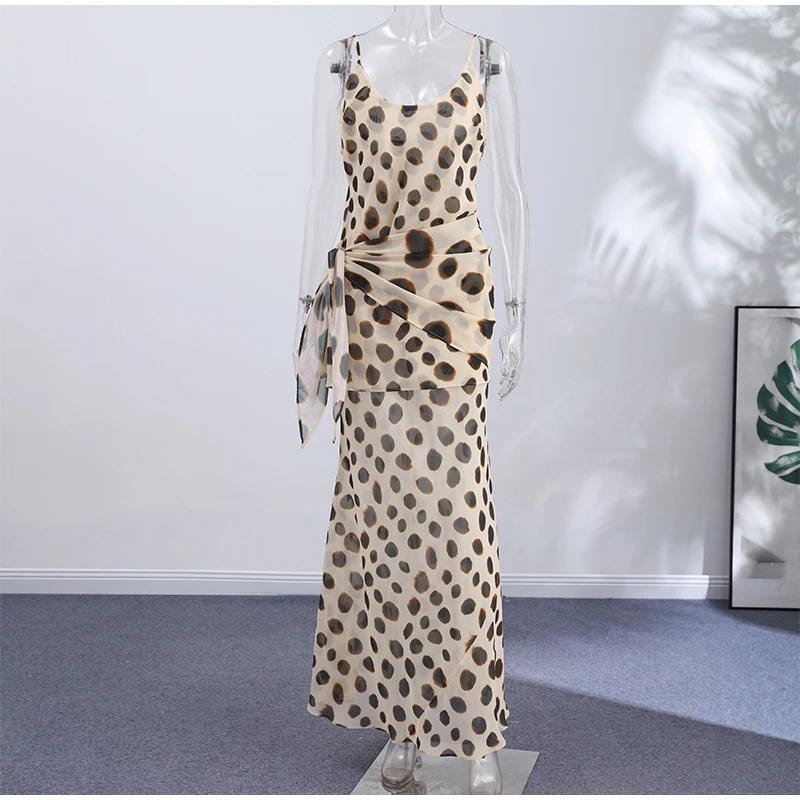Scoop Neck Women's Dress Spaghetti Strap Polka Dot Tie Waist Removable Wrap Maxi Dress Vacation Beach 2026 New Fashion For Women
