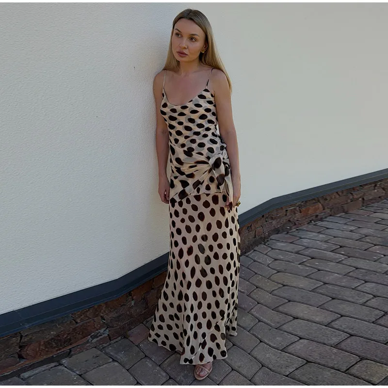 Scoop Neck Women's Dress Spaghetti Strap Polka Dot Tie Waist Removable Wrap Maxi Dress Vacation Beach 2026 New Fashion For Women