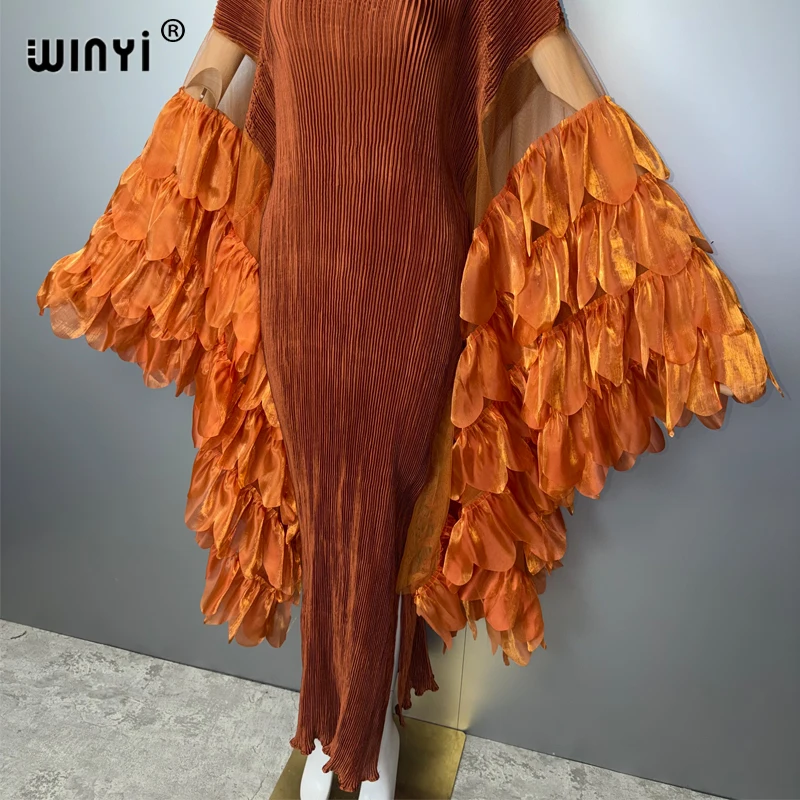WINYI Elastic Slim Pleated Dress Beachwear Monocolour Kaftan Abaya Dubai Luxury Party Dress Long Down Muslim Woman Evening Dress