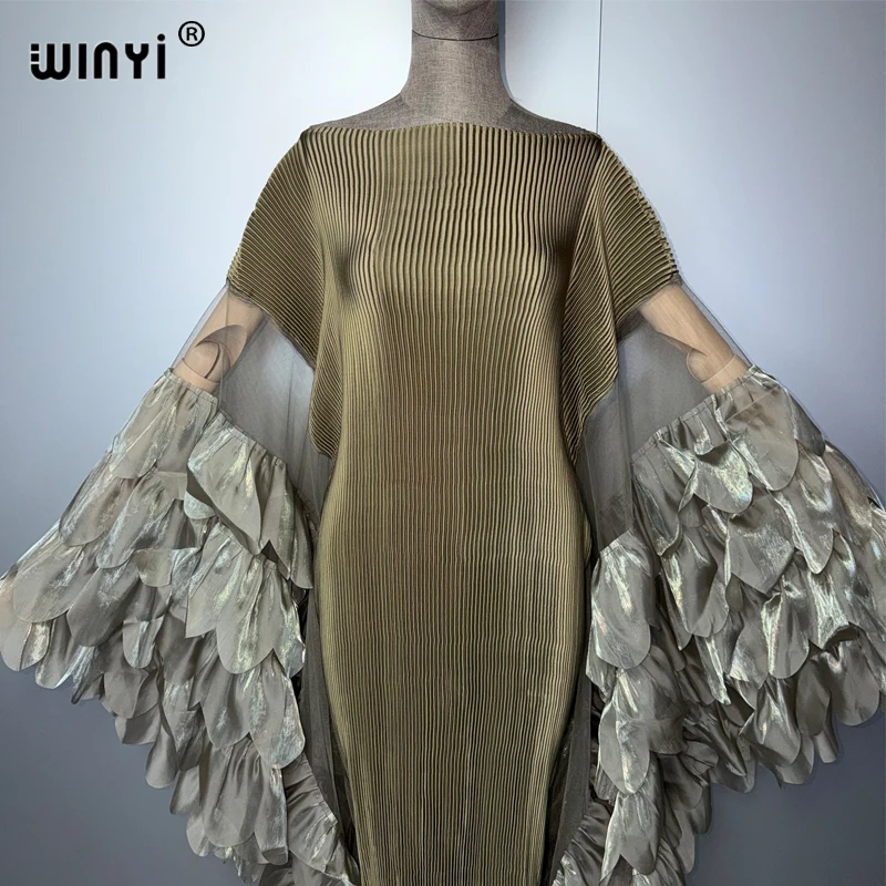 WINYI Elastic Slim Pleated Dress Beachwear Monocolour Kaftan Abaya Dubai Luxury Party Dress Long Down Muslim Woman Evening Dress