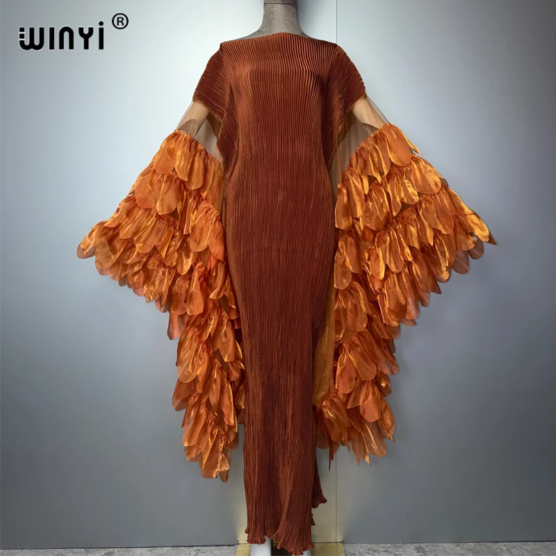 WINYI Elastic Slim Pleated Dress Beachwear Monocolour Kaftan Abaya Dubai Luxury Party Dress Long Down Muslim Woman Evening Dress