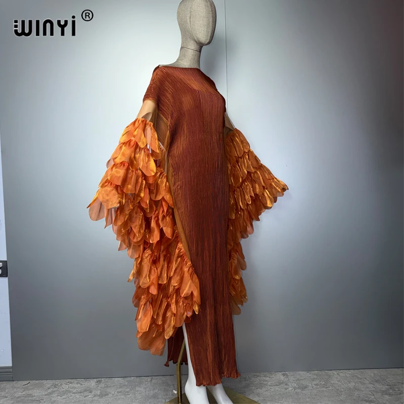 WINYI Elastic Slim Pleated Dress Beachwear Monocolour Kaftan Abaya Dubai Luxury Party Dress Long Down Muslim Woman Evening Dress