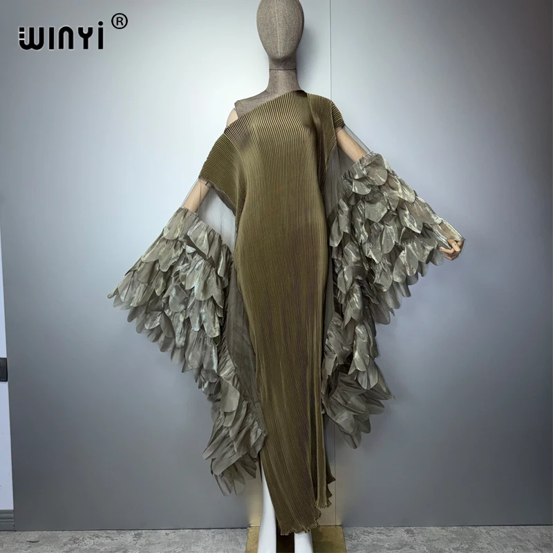 WINYI Elastic Slim Pleated Dress Beachwear Monocolour Kaftan Abaya Dubai Luxury Party Dress Long Down Muslim Woman Evening Dress