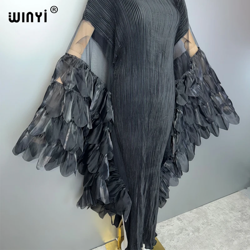WINYI Elastic Slim Pleated Dress Beachwear Monocolour Kaftan Abaya Dubai Luxury Party Dress Long Down Muslim Woman Evening Dress