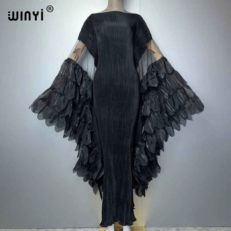 WINYI Elastic Slim Pleated Dress Beachwear Monocolour Kaftan Abaya Dubai Luxury Party Dress Long Down Muslim Woman Evening Dress