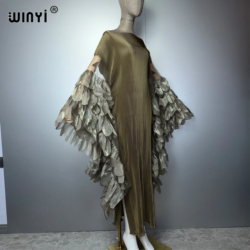 WINYI Elastic Slim Pleated Dress Beachwear Monocolour Kaftan Abaya Dubai Luxury Party Dress Long Down Muslim Woman Evening Dress