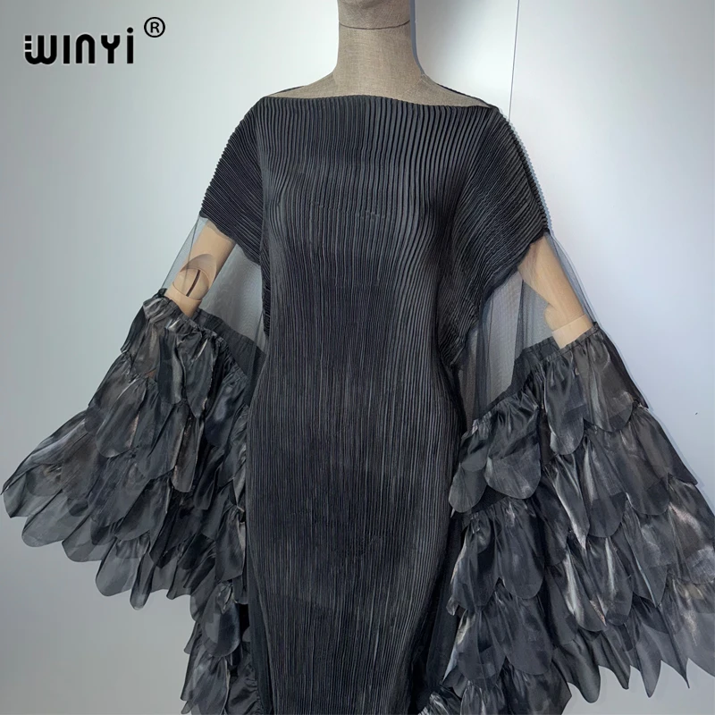 WINYI Elastic Slim Pleated Dress Beachwear Monocolour Kaftan Abaya Dubai Luxury Party Dress Long Down Muslim Woman Evening Dress