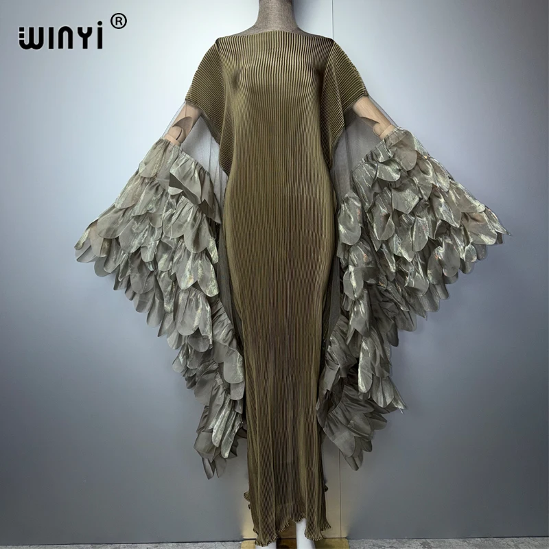 WINYI Elastic Slim Pleated Dress Beachwear Monocolour Kaftan Abaya Dubai Luxury Party Dress Long Down Muslim Woman Evening Dress