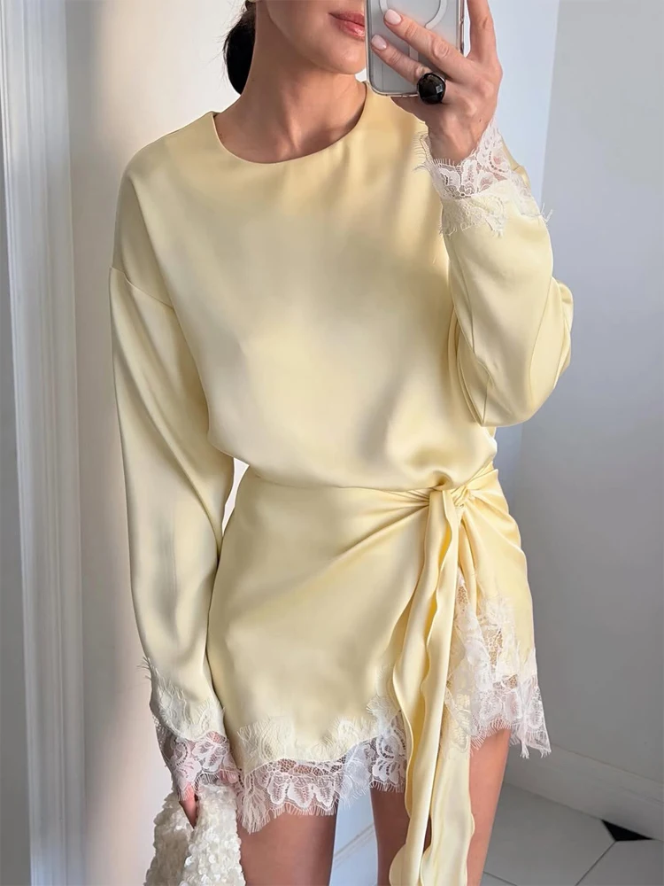 Women Light Blue Lace Satin Round Neck Dress Elegant Side Tie Long Sleeve Soft Short Gown 2026 Daily Vacation Party Sundress