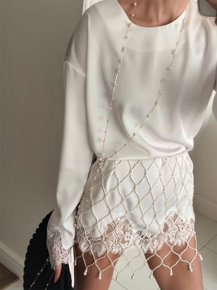 Women Light Blue Lace Satin Round Neck Dress Elegant Side Tie Long Sleeve Soft Short Gown 2026 Daily Vacation Party Sundress
