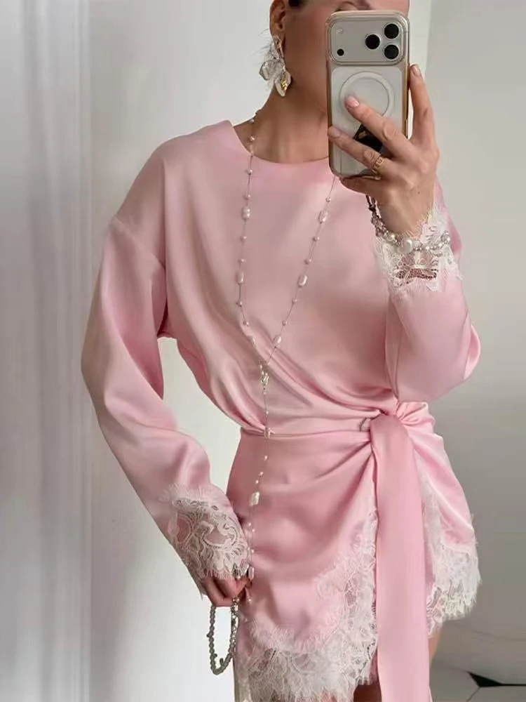 Women Light Blue Lace Satin Round Neck Dress Elegant Side Tie Long Sleeve Soft Short Gown 2026 Daily Vacation Party Sundress
