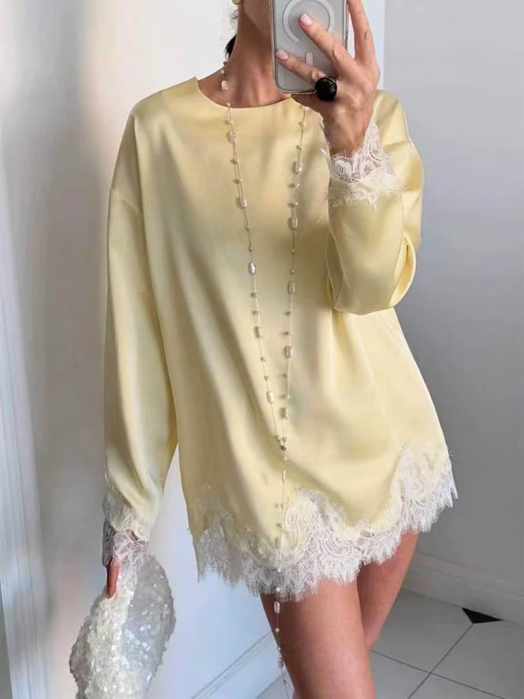 Women Light Blue Lace Satin Round Neck Dress Elegant Side Tie Long Sleeve Soft Short Gown 2026 Daily Vacation Party Sundress