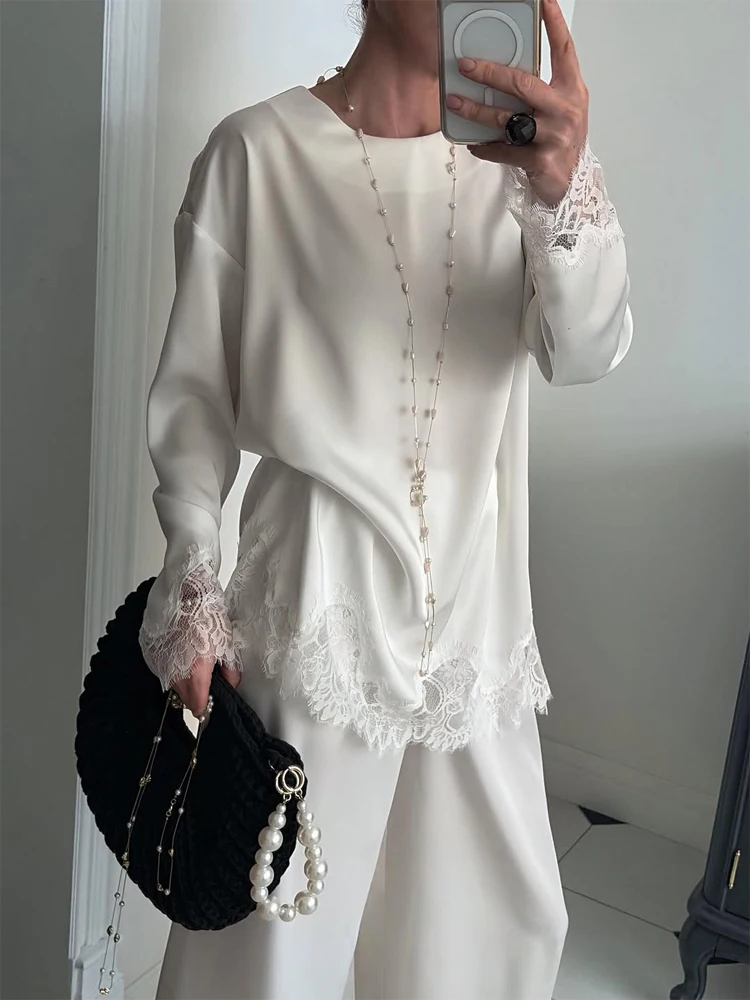 Women Light Blue Lace Satin Round Neck Dress Elegant Side Tie Long Sleeve Soft Short Gown 2026 Daily Vacation Party Sundress
