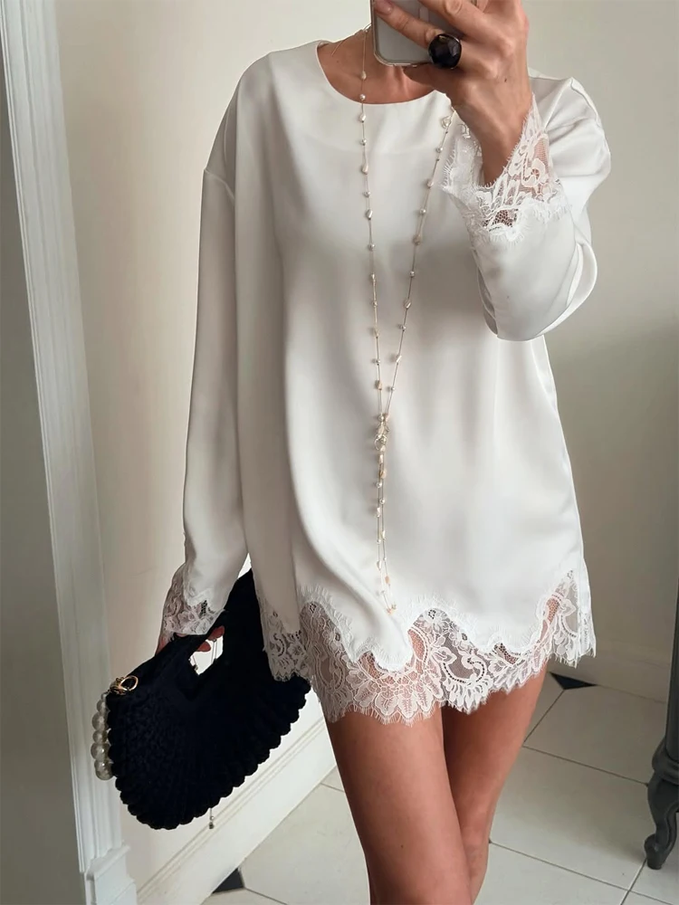 Women Light Blue Lace Satin Round Neck Dress Elegant Side Tie Long Sleeve Soft Short Gown 2026 Daily Vacation Party Sundress