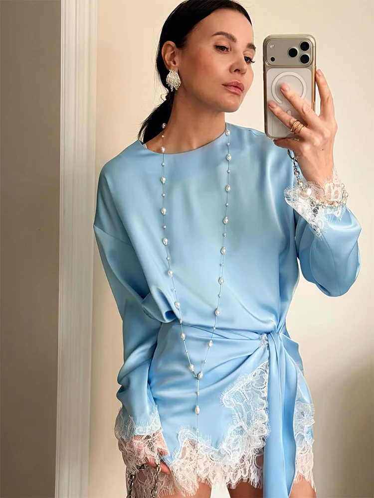 Women Light Blue Lace Satin Round Neck Dress Elegant Side Tie Long Sleeve Soft Short Gown 2026 Daily Vacation Party Sundress