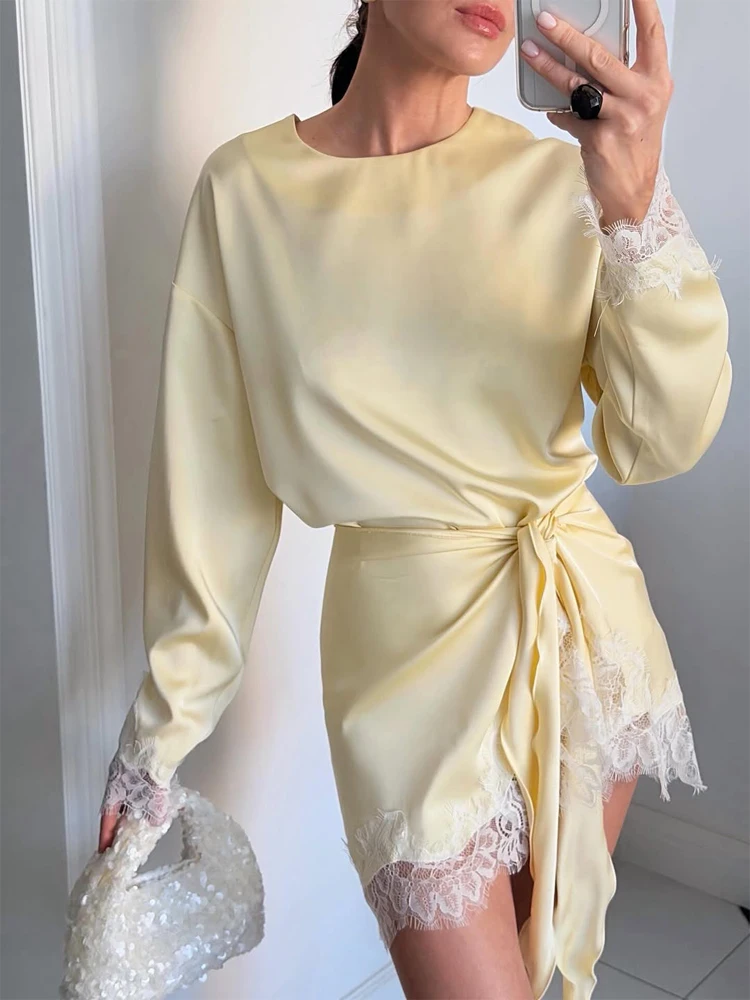Women Light Blue Lace Satin Round Neck Dress Elegant Side Tie Long Sleeve Soft Short Gown 2026 Daily Vacation Party Sundress