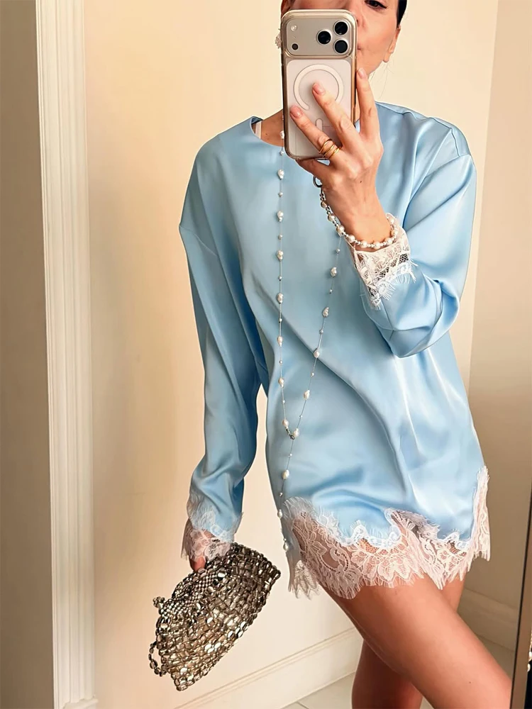 Women Light Blue Lace Satin Round Neck Dress Elegant Side Tie Long Sleeve Soft Short Gown 2026 Daily Vacation Party Sundress