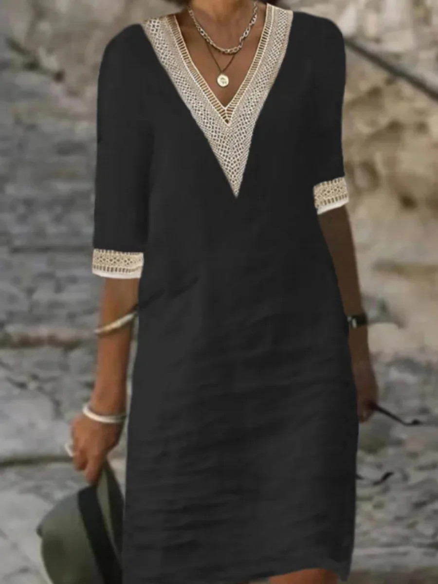Retro Solid Color Hollow Out V-neck Half Sleeve Women Dress Vintage Streetear Clothing Cotton Linen Loose Dress Spring Summer