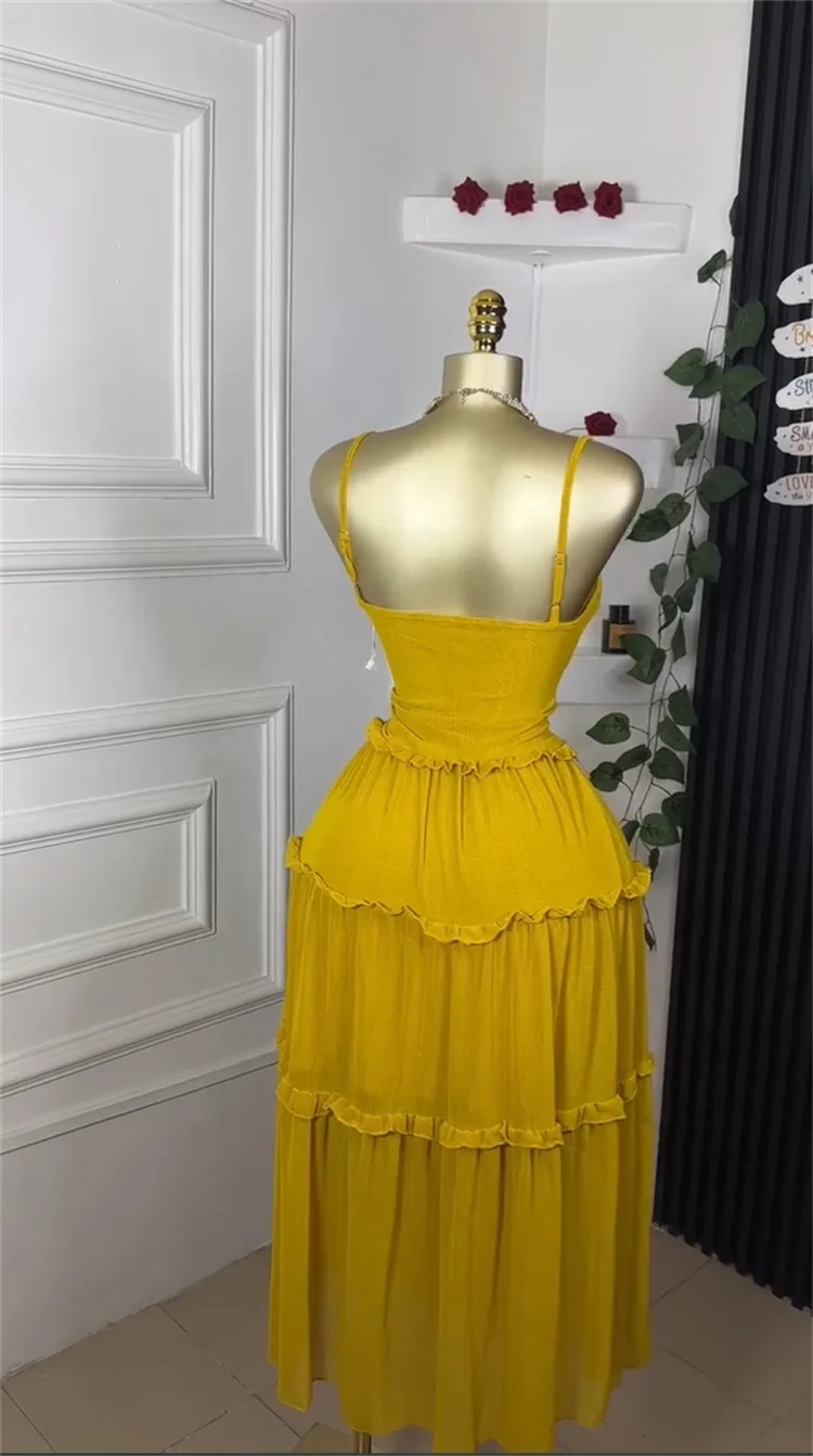GLCMYAYA Women Strap Sleeveless Ruffles A-line Midi Maxi Long Dress 2025 Summer Beach Holiday Vacation Vestidos Dresses