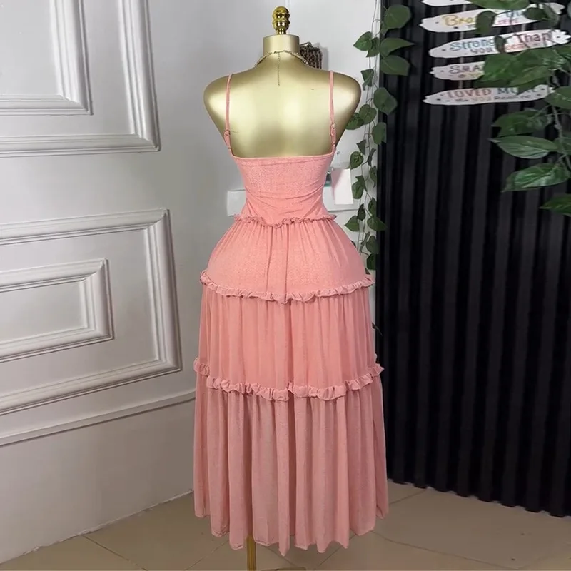 GLCMYAYA Women Strap Sleeveless Ruffles A-line Midi Maxi Long Dress 2025 Summer Beach Holiday Vacation Vestidos Dresses