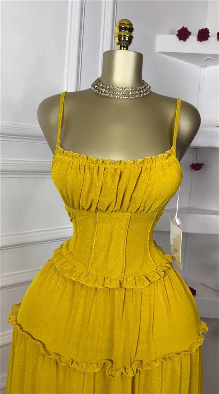 GLCMYAYA Women Strap Sleeveless Ruffles A-line Midi Maxi Long Dress 2025 Summer Beach Holiday Vacation Vestidos Dresses