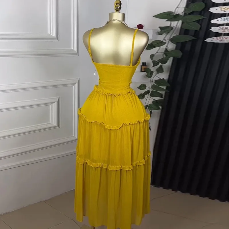 GLCMYAYA Women Strap Sleeveless Ruffles A-line Midi Maxi Long Dress 2025 Summer Beach Holiday Vacation Vestidos Dresses