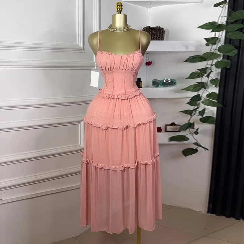 GLCMYAYA Women Strap Sleeveless Ruffles A-line Midi Maxi Long Dress 2025 Summer Beach Holiday Vacation Vestidos Dresses