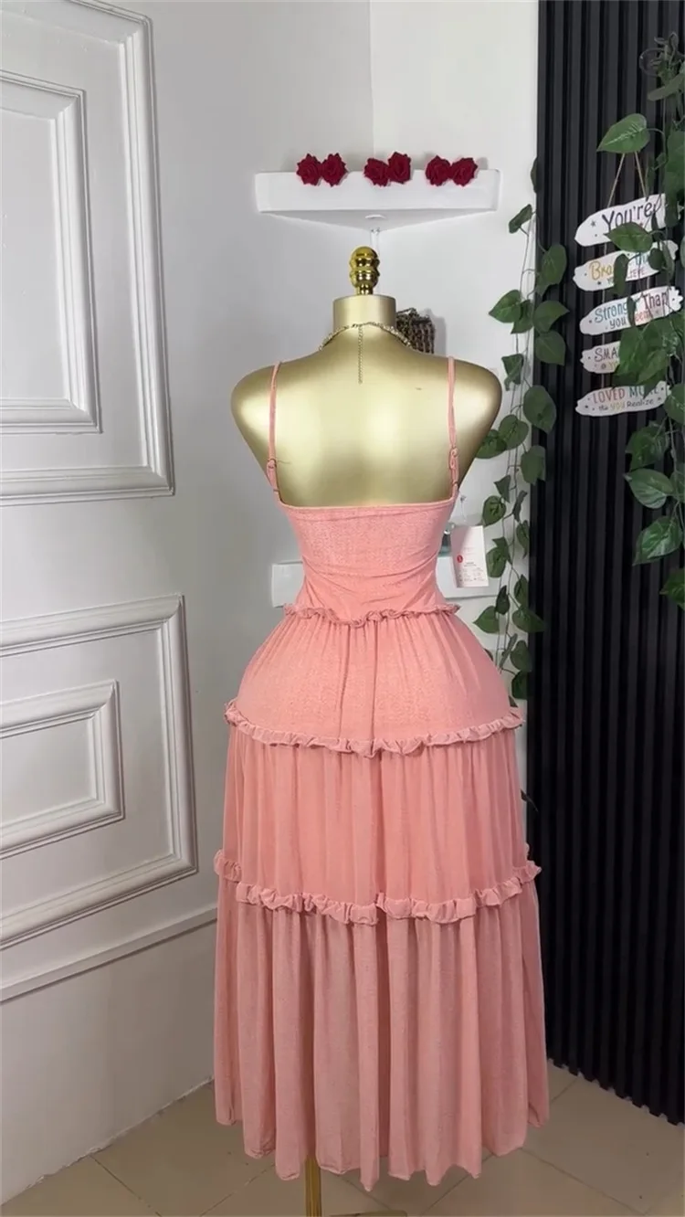 GLCMYAYA Women Strap Sleeveless Ruffles A-line Midi Maxi Long Dress 2025 Summer Beach Holiday Vacation Vestidos Dresses
