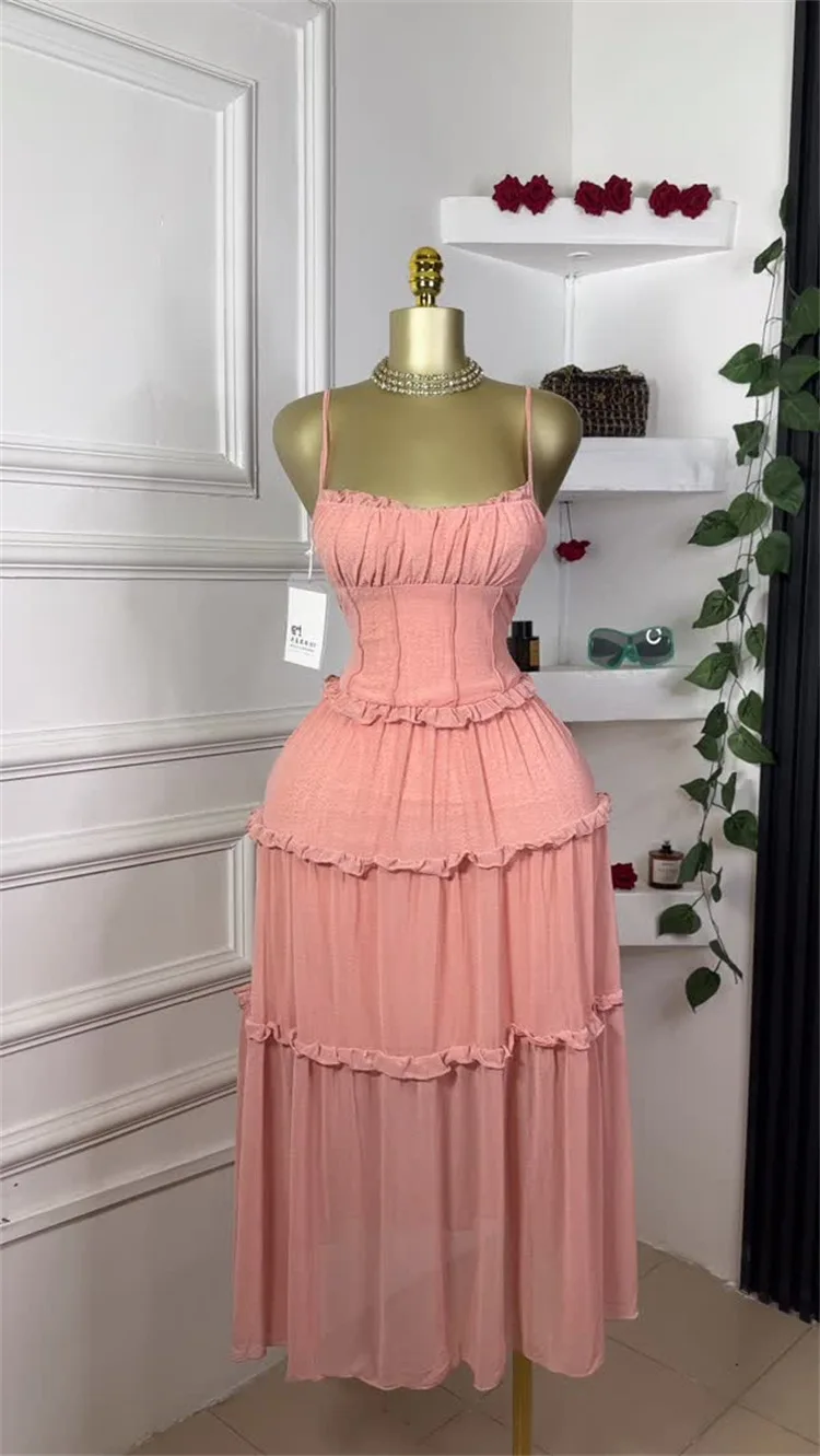 GLCMYAYA Women Strap Sleeveless Ruffles A-line Midi Maxi Long Dress 2025 Summer Beach Holiday Vacation Vestidos Dresses