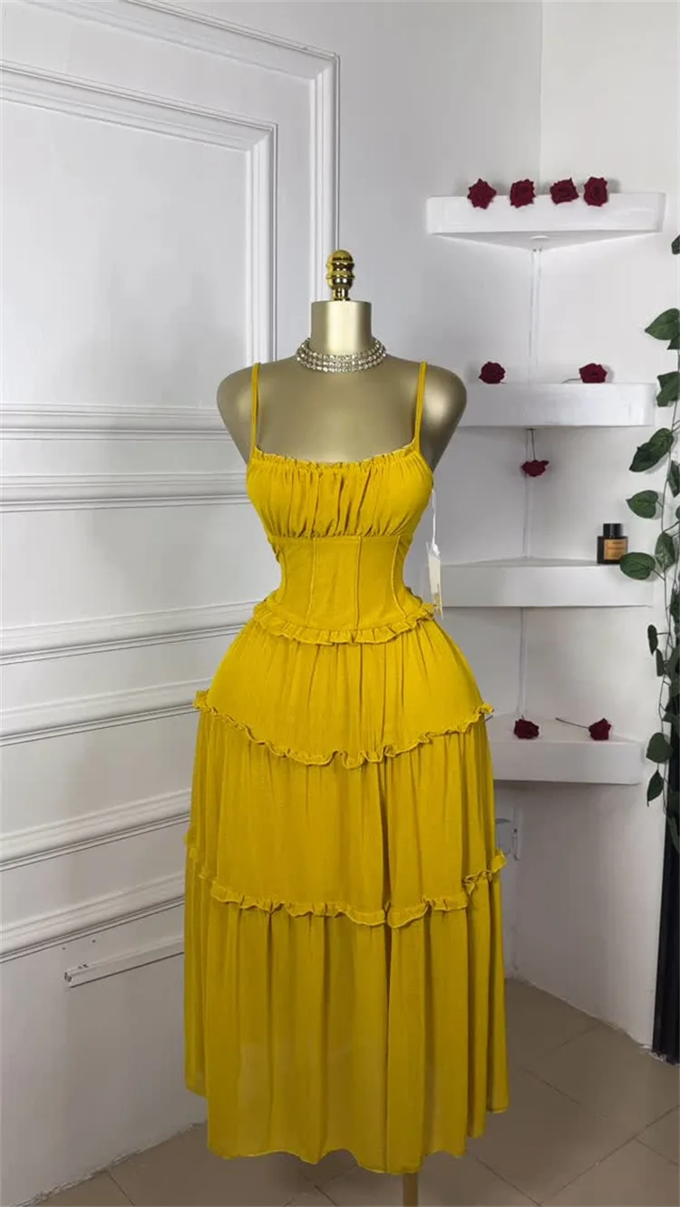 GLCMYAYA Women Strap Sleeveless Ruffles A-line Midi Maxi Long Dress 2025 Summer Beach Holiday Vacation Vestidos Dresses