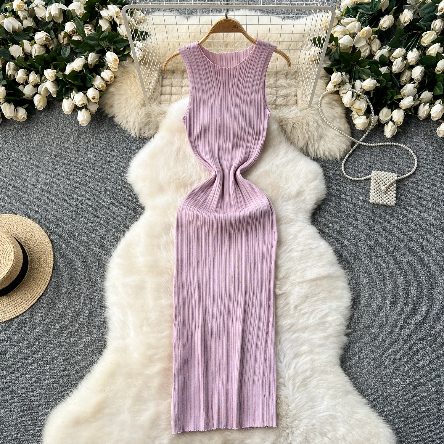 SINGREINY Women Sheath Long Dress O Neck Sleeveless Solid Pleated Knit Elastic Fashion Elegant Stiped Retro Sexy Bodycon Dress