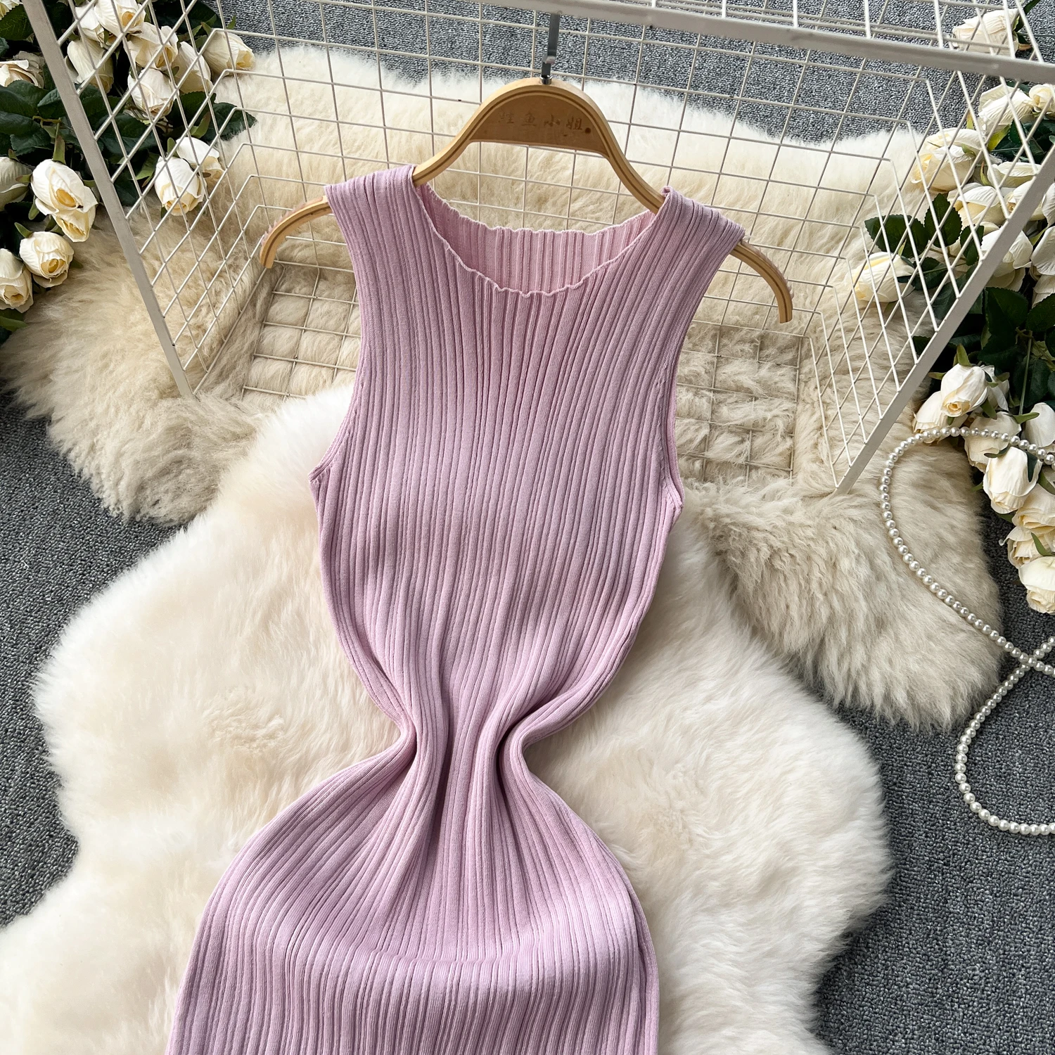SINGREINY Women Sheath Long Dress O Neck Sleeveless Solid Pleated Knit Elastic Fashion Elegant Stiped Retro Sexy Bodycon Dress