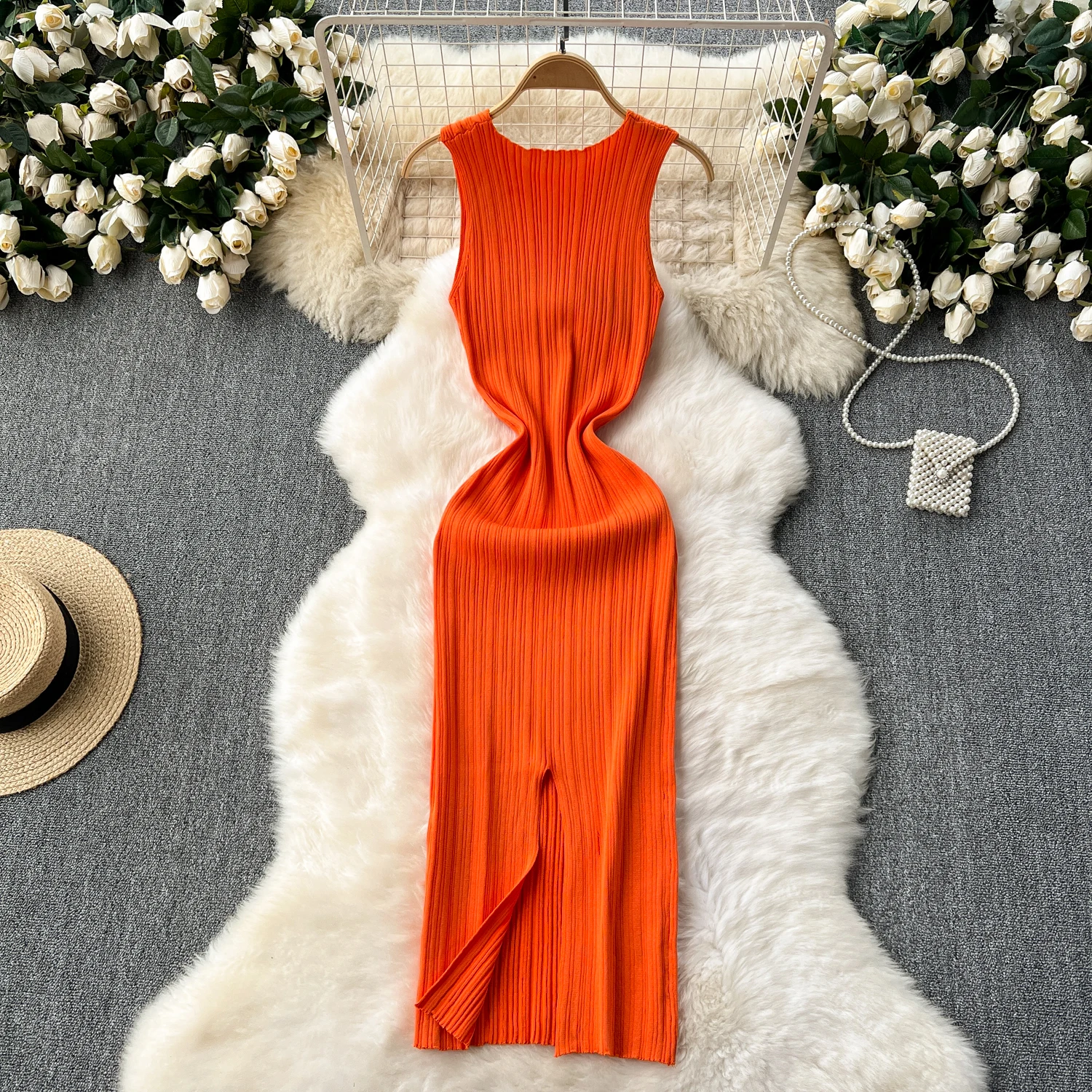 SINGREINY Women Sheath Long Dress O Neck Sleeveless Solid Pleated Knit Elastic Fashion Elegant Stiped Retro Sexy Bodycon Dress