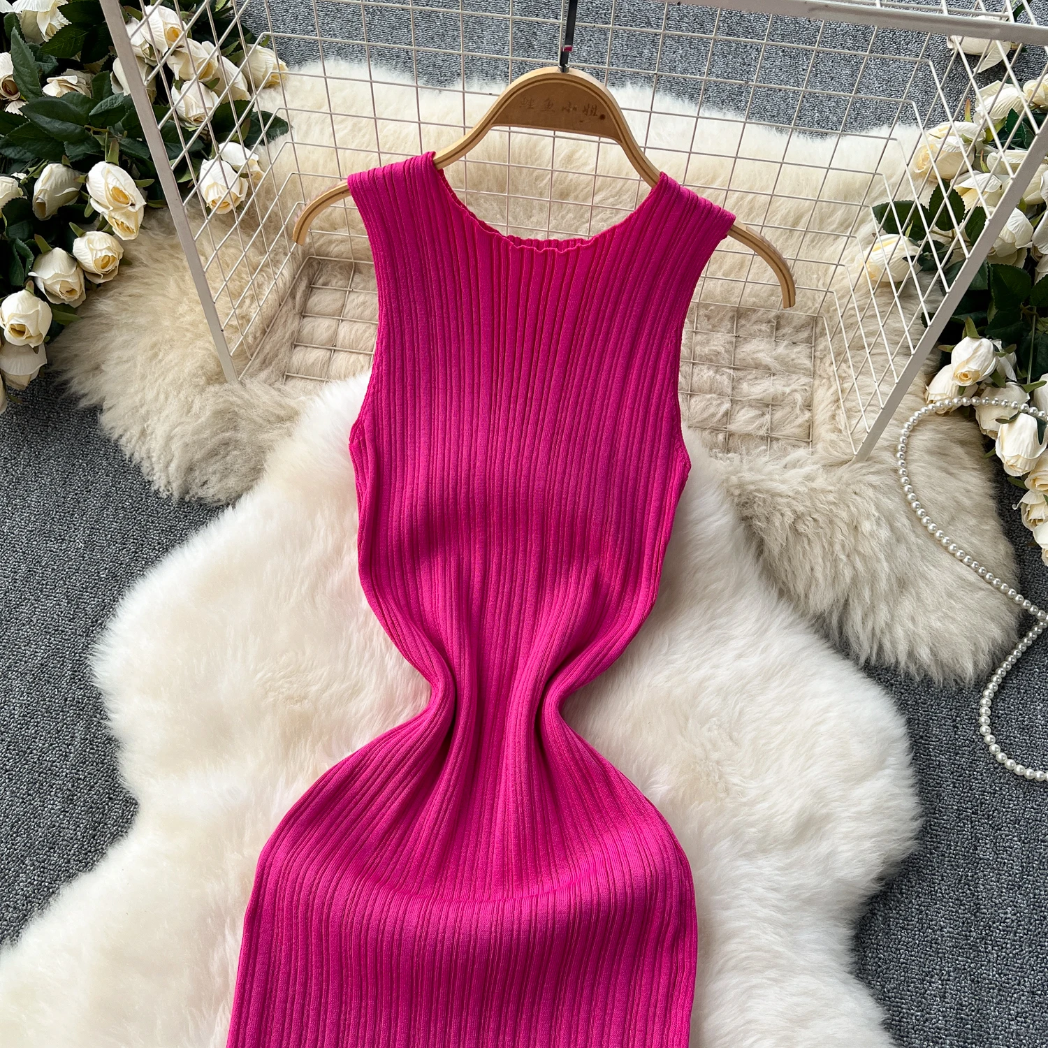 SINGREINY Women Sheath Long Dress O Neck Sleeveless Solid Pleated Knit Elastic Fashion Elegant Stiped Retro Sexy Bodycon Dress