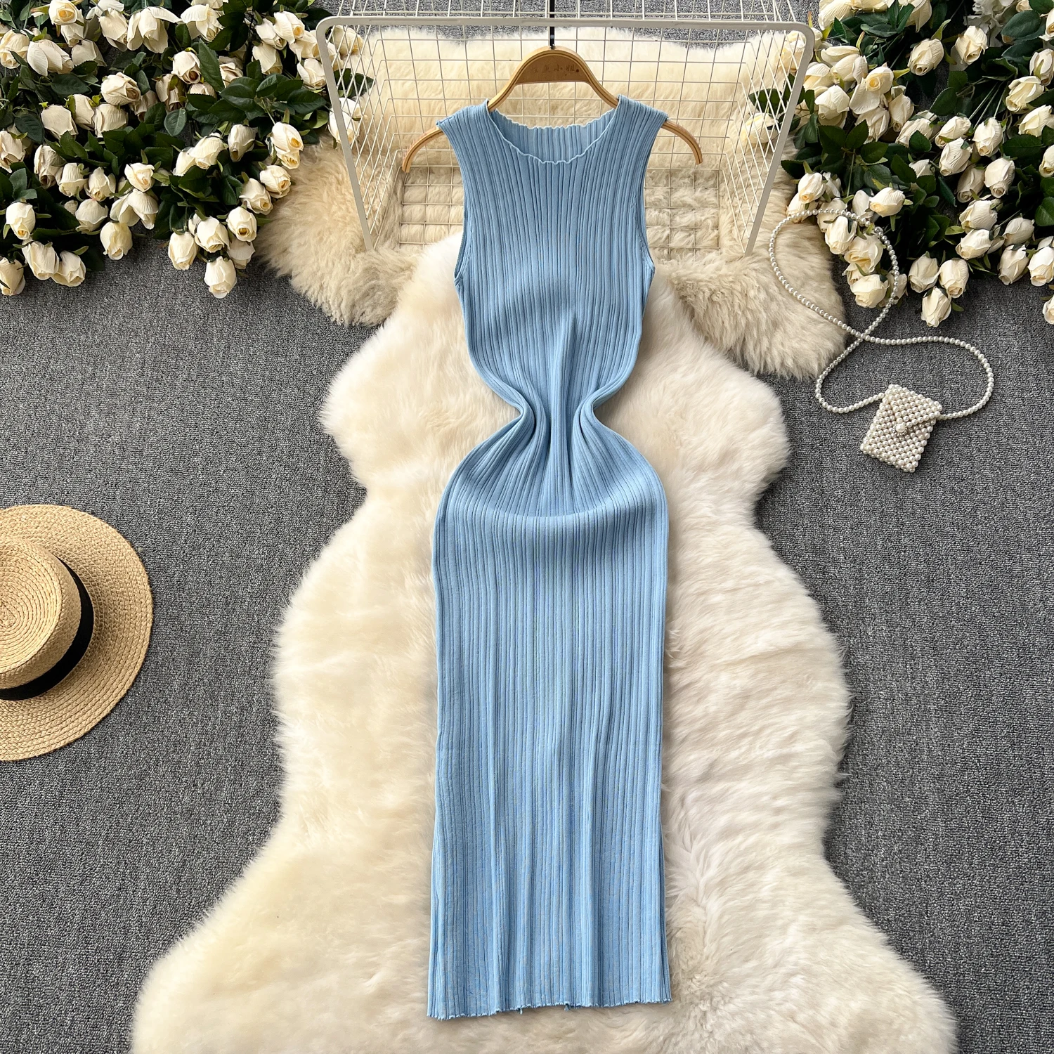 SINGREINY Women Sheath Long Dress O Neck Sleeveless Solid Pleated Knit Elastic Fashion Elegant Stiped Retro Sexy Bodycon Dress